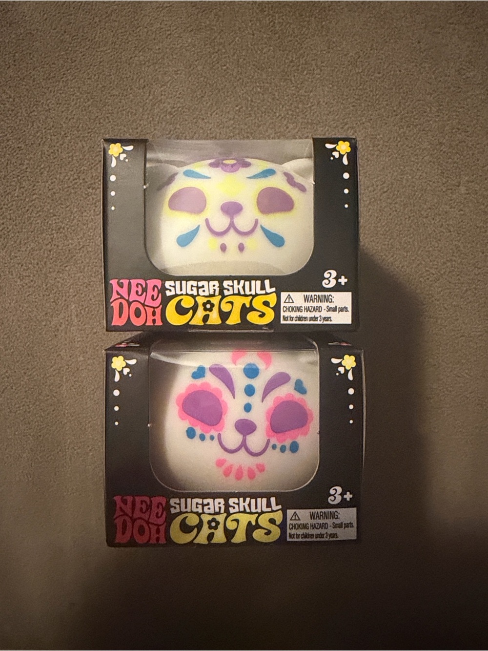 2 NeeDoh Sugar Skull Cats Squeeze Toy - White with Pink, Purple, Blue Accents